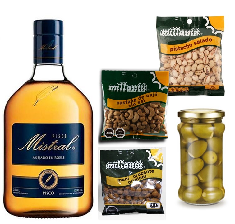 Pisco Mistral 750cc,  Mani, Pistacho, Casta�as y Aceitunas